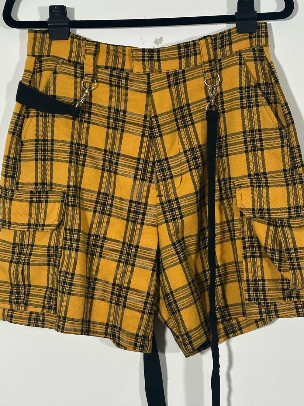 Hot Topic Yellow Black Plaid 90s Grunge Skater Suspender Shorts M
